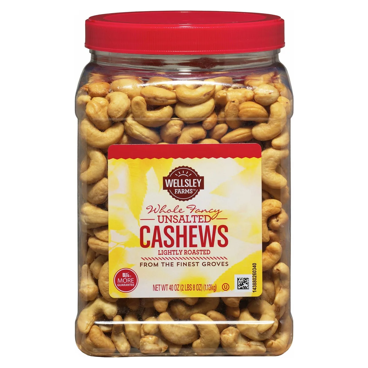 Wellsley Farms Whole Cashews, Unsalted & Roasted, 40 oz jar