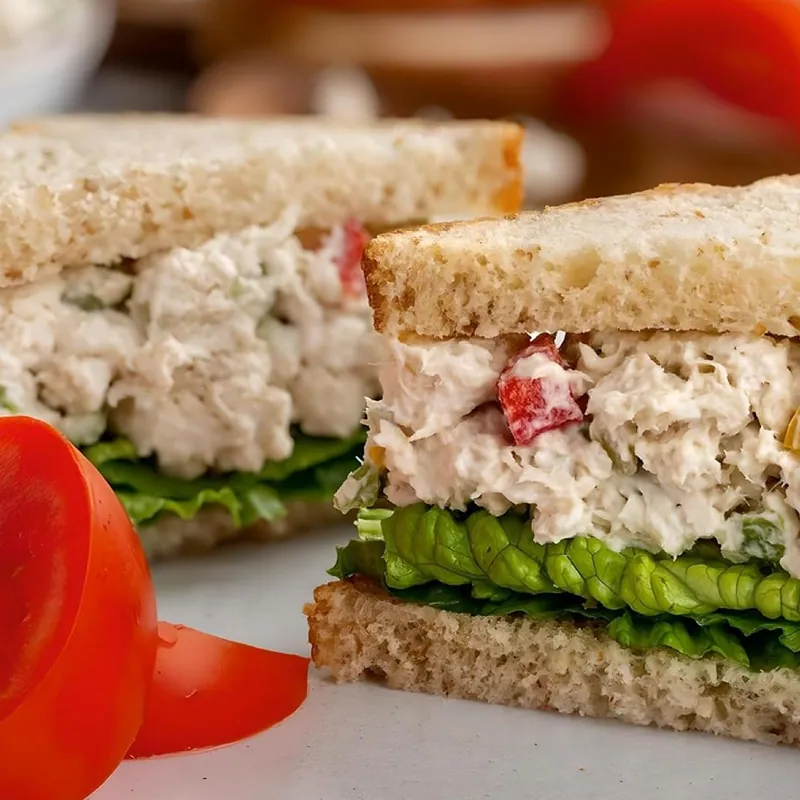 Chicken salad sandwich made with chunk chicken breast