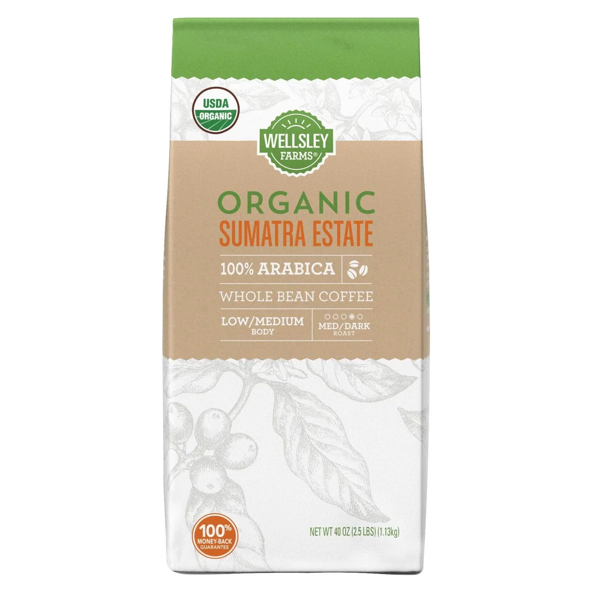 Wellsley Farms Organic Sumatra Estate Whole Bean Coffee, 40 oz bag