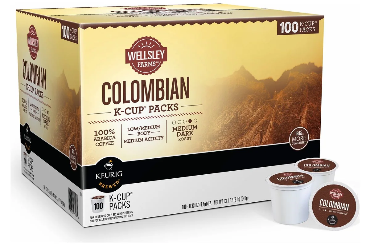 Wellsley Farms Colombian Coffee K-Cup Pods, box of 100 pods