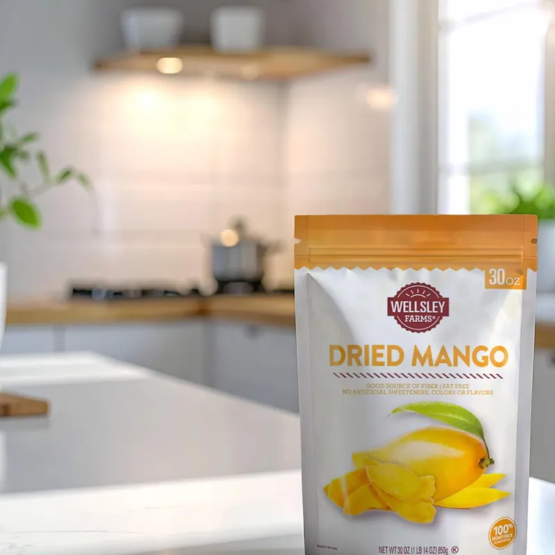Bag of Wellsley Farms Dried Mango on a kitchen counter