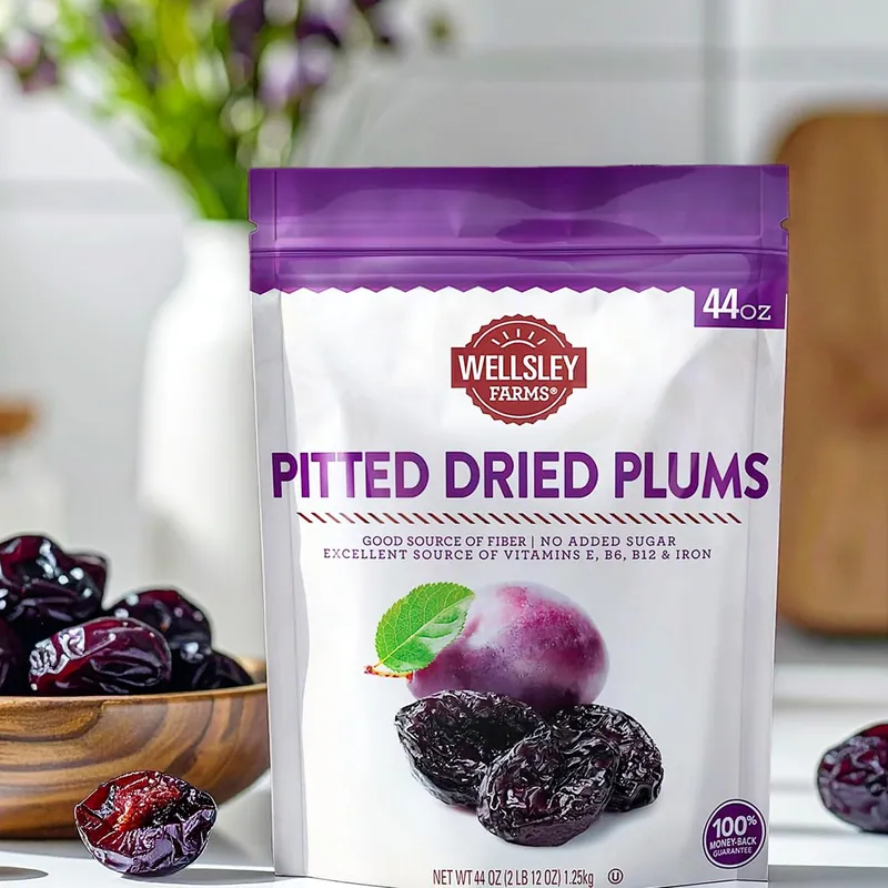 Bag of Wellsley Farms Pitted Dried Plums beside a bowl of dried plums