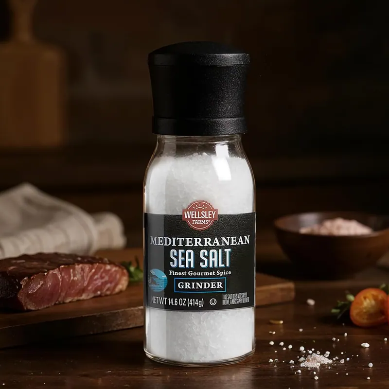Wellsley Farms Mediterranean Sea Salt Grinder beside a steak on a cutting board
